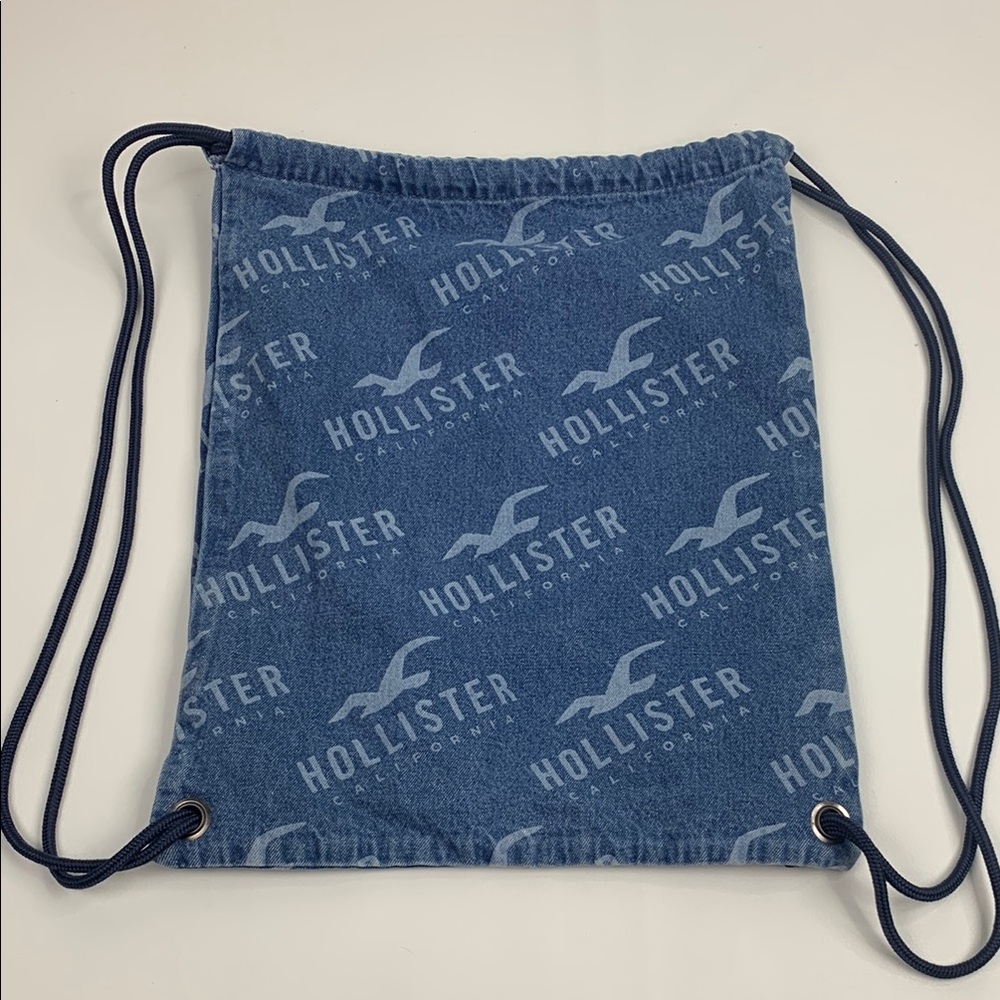 Hollister Blue denim jean logo Drawstring cinch Bag backpack Black straps